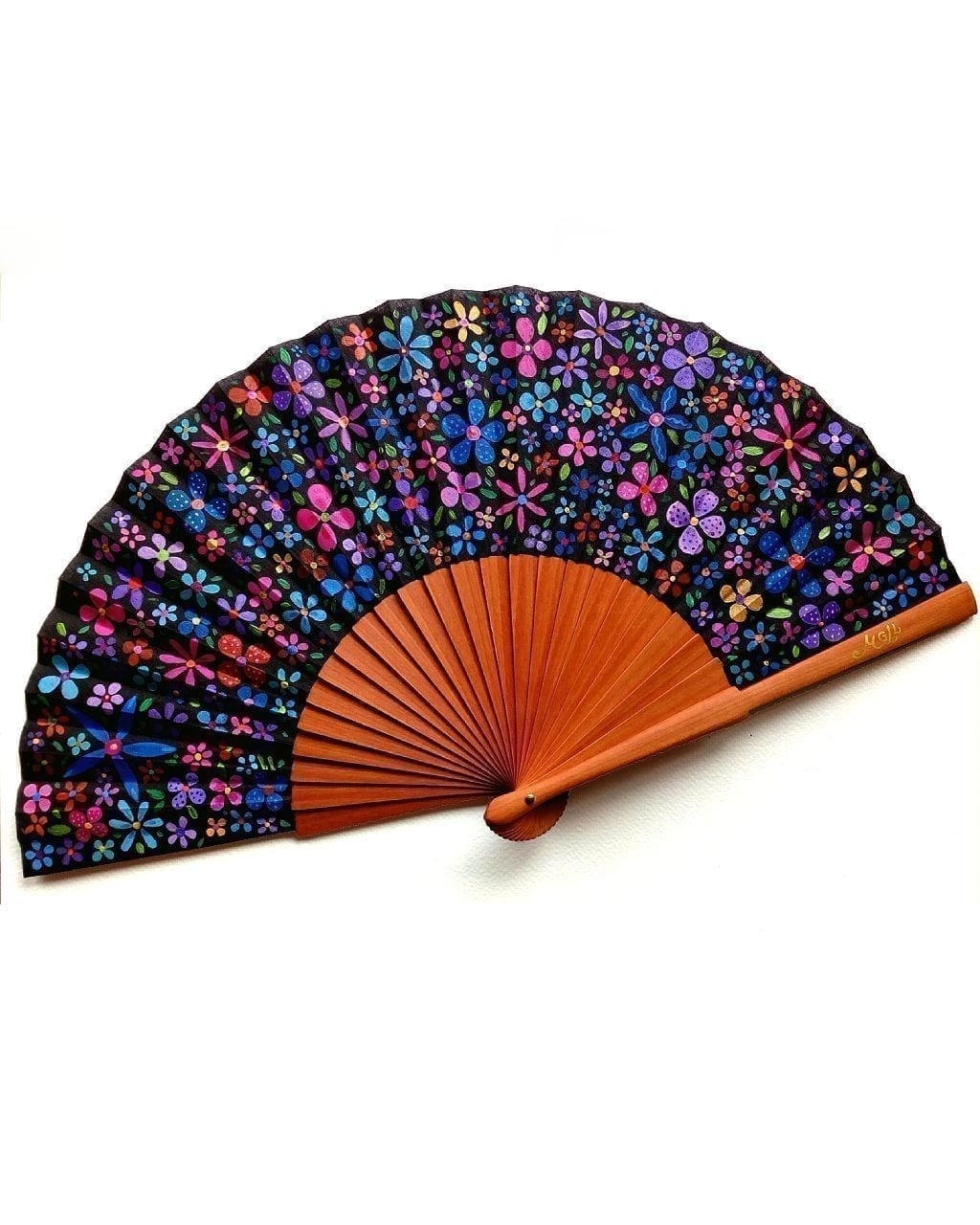 Abanico pintado a mano con flores negro_maiteglliso - Spanish hand fan with colorfull flowers